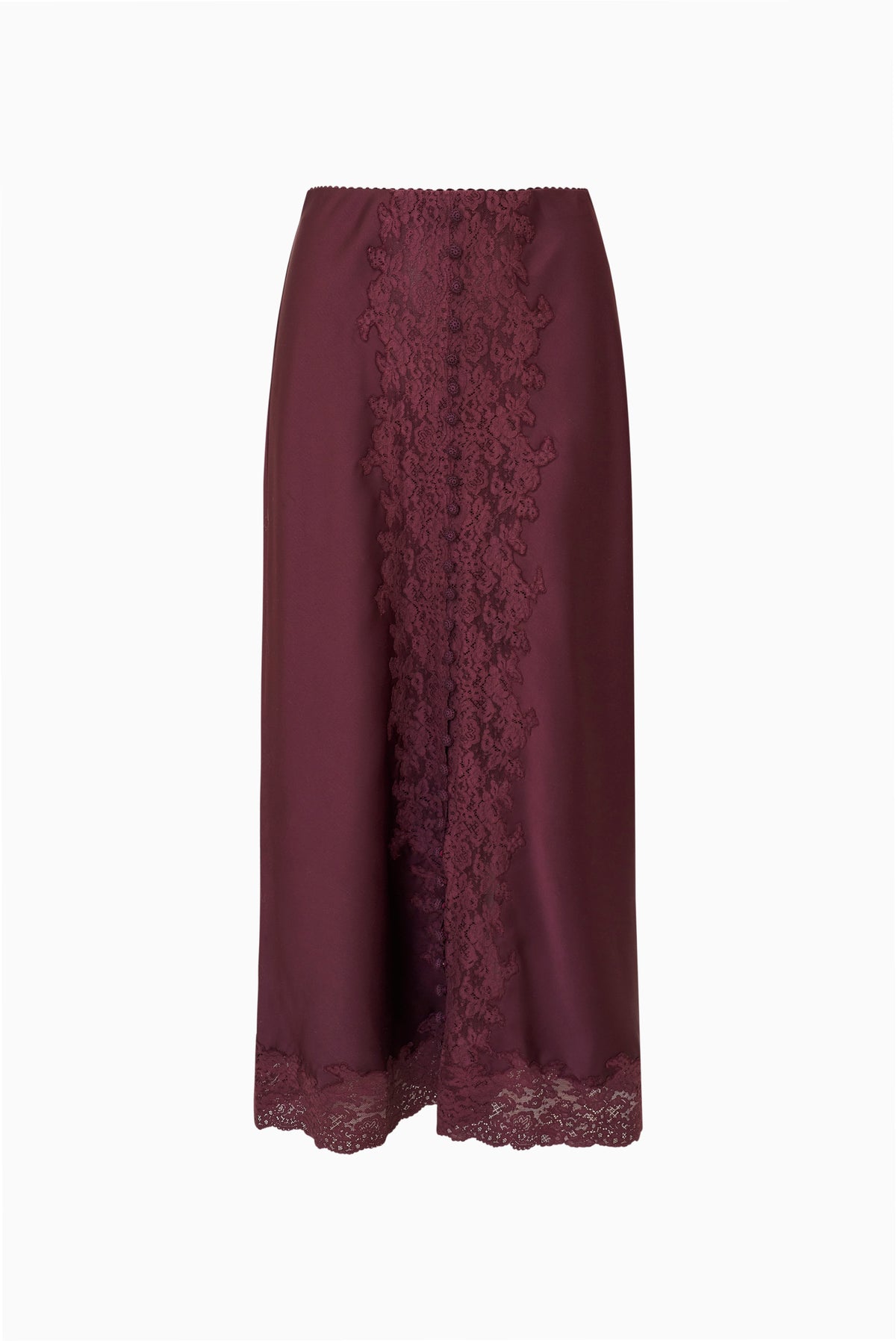 Deep plum satin midi skirt with center lace panel and button closures down the front