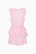 Pink bow print dress with ruffled layers on a white background