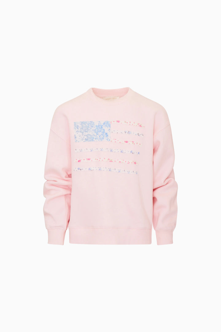 Pink sweatshirt with American Flag graphic design on a white background