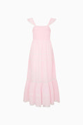 Pink dress with ruffle straps on a white background