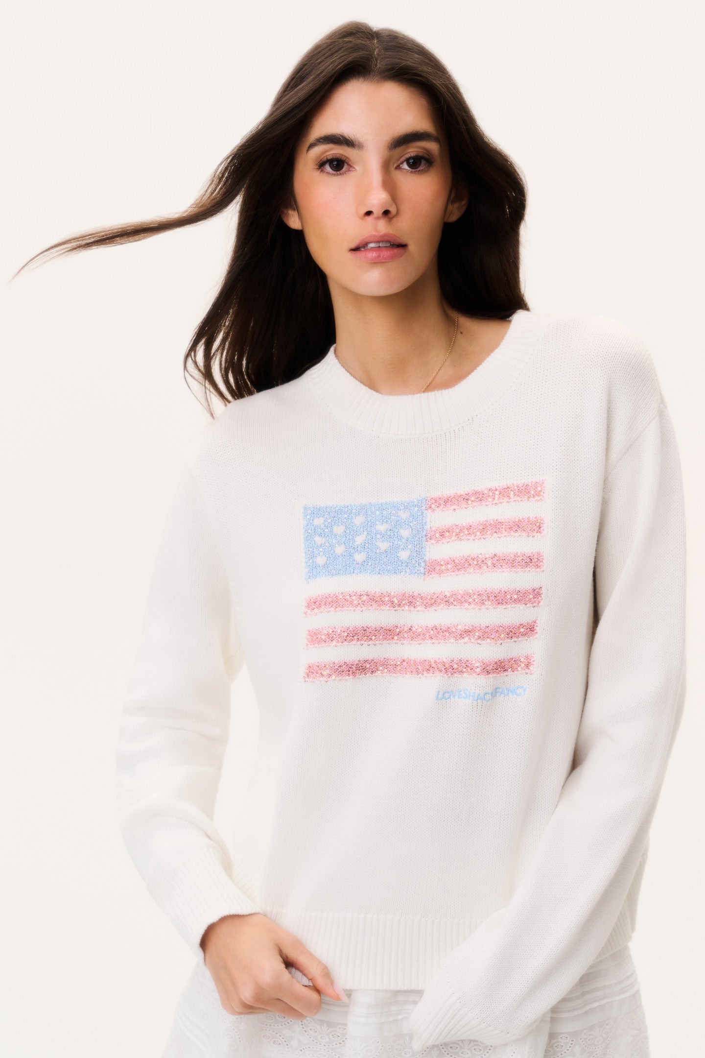 American Flag Graphic Long Sleeve Crew Neck Sweater | LoveShackFancy