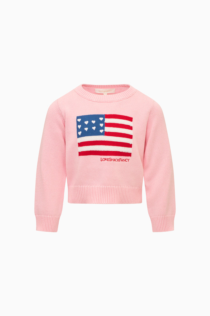 Pink sweater with American flag design on a white background