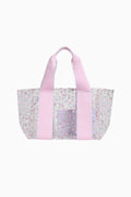 Tote bag with floral pattern and pink handle on a white background
