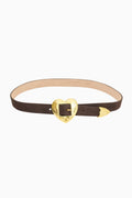 Brown belt with a gold heart-shaped buckle on a white background