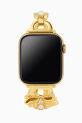 Gold smartwatch band with black screen on a white background