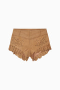 Tan shorts with eyelet detailing on a white background