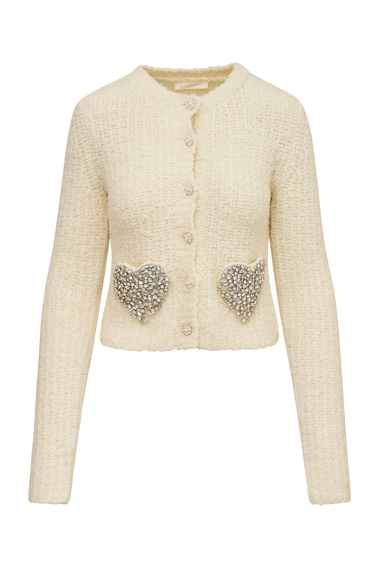 Cream wool-blend cardigan with button front and heart-shaped sequin pockets