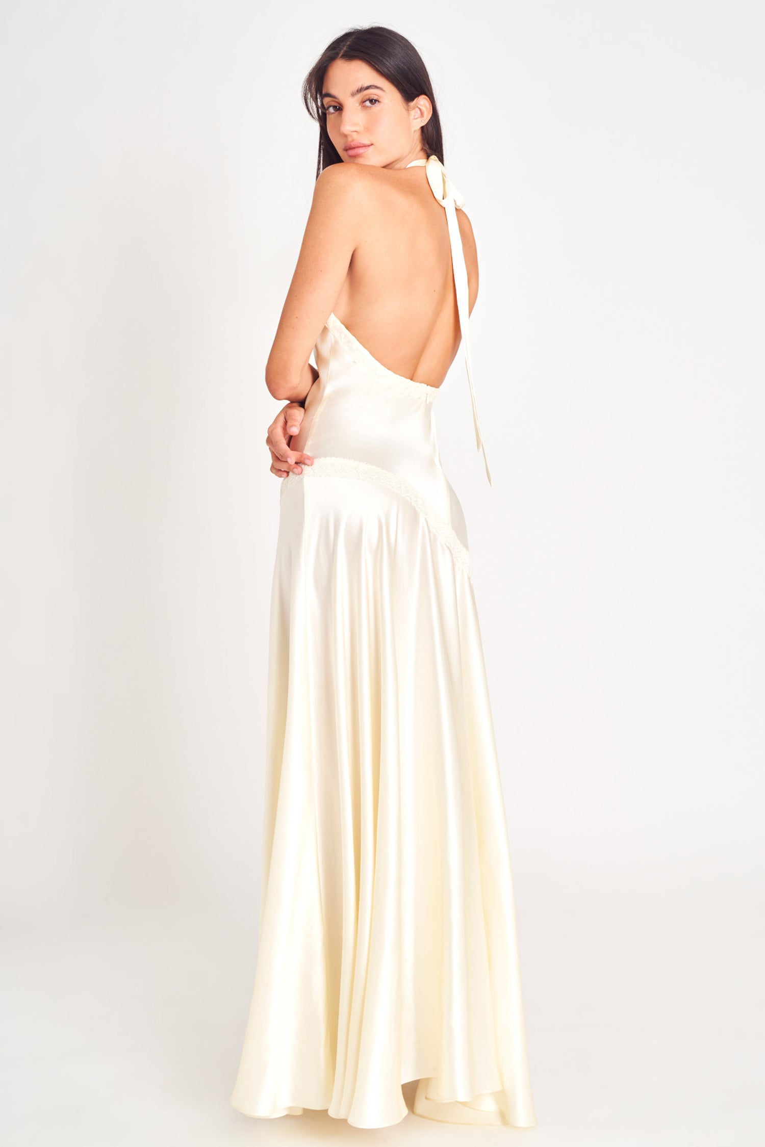 Ivory silk halter maxi dress.