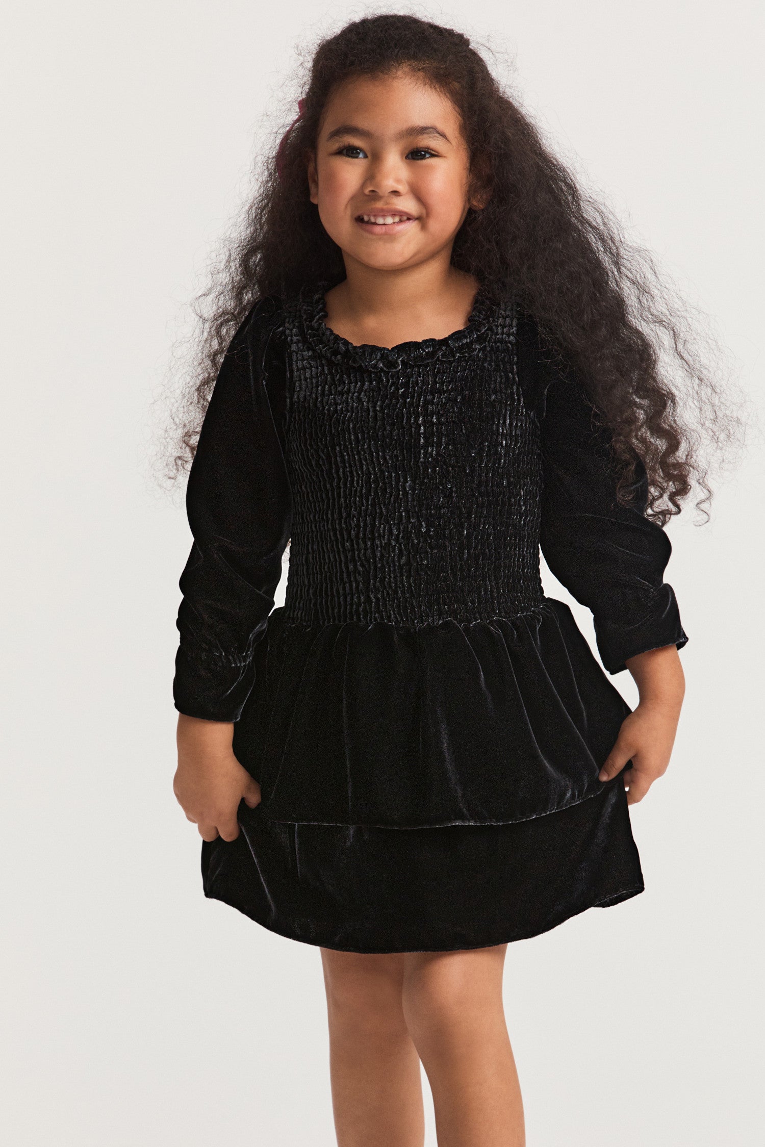 Girls mini black dress, long-sleeves with two layer ruffle skirt. 
