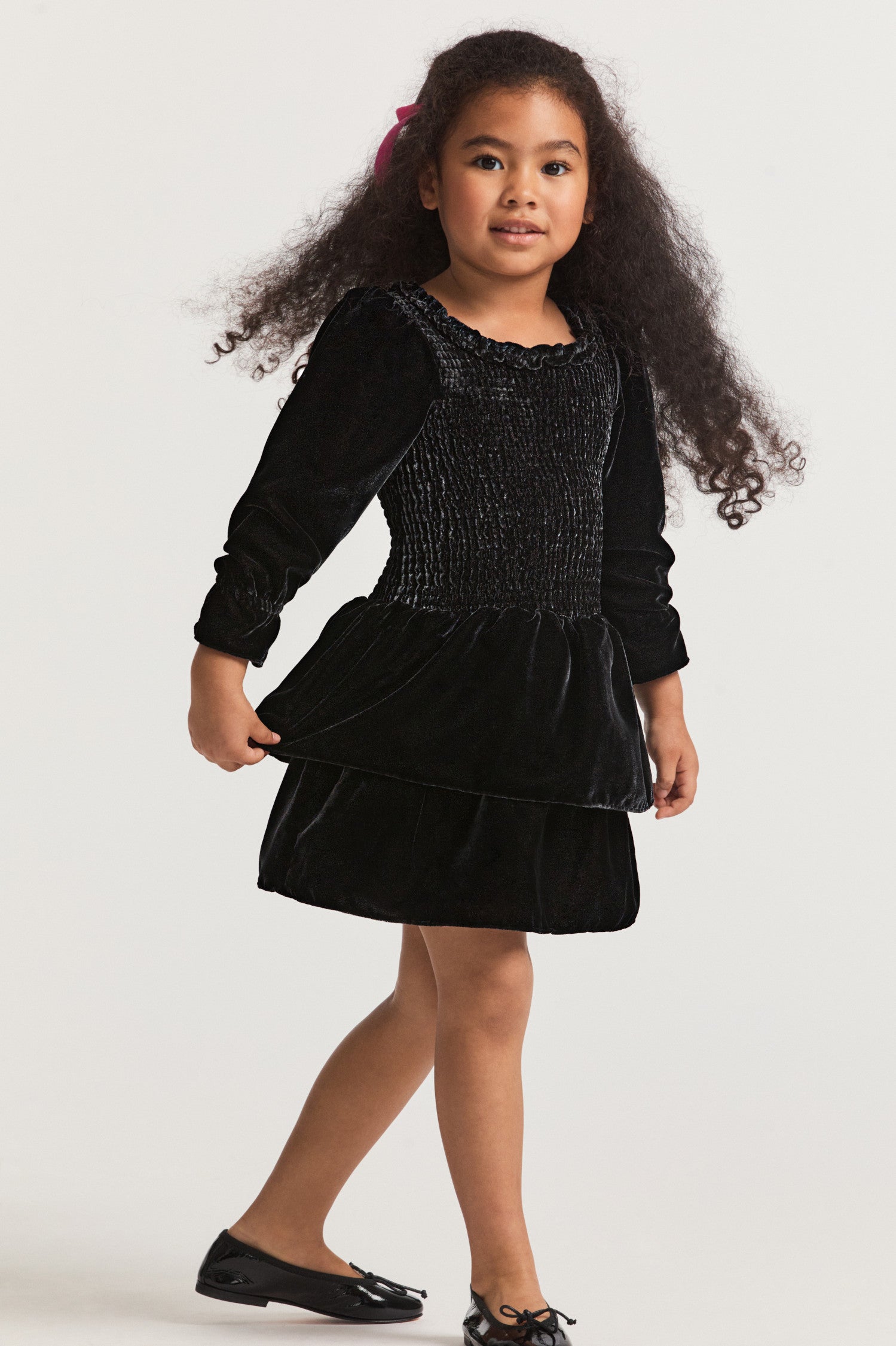 Girls mini black dress, long-sleeves with two layer ruffle skirt.