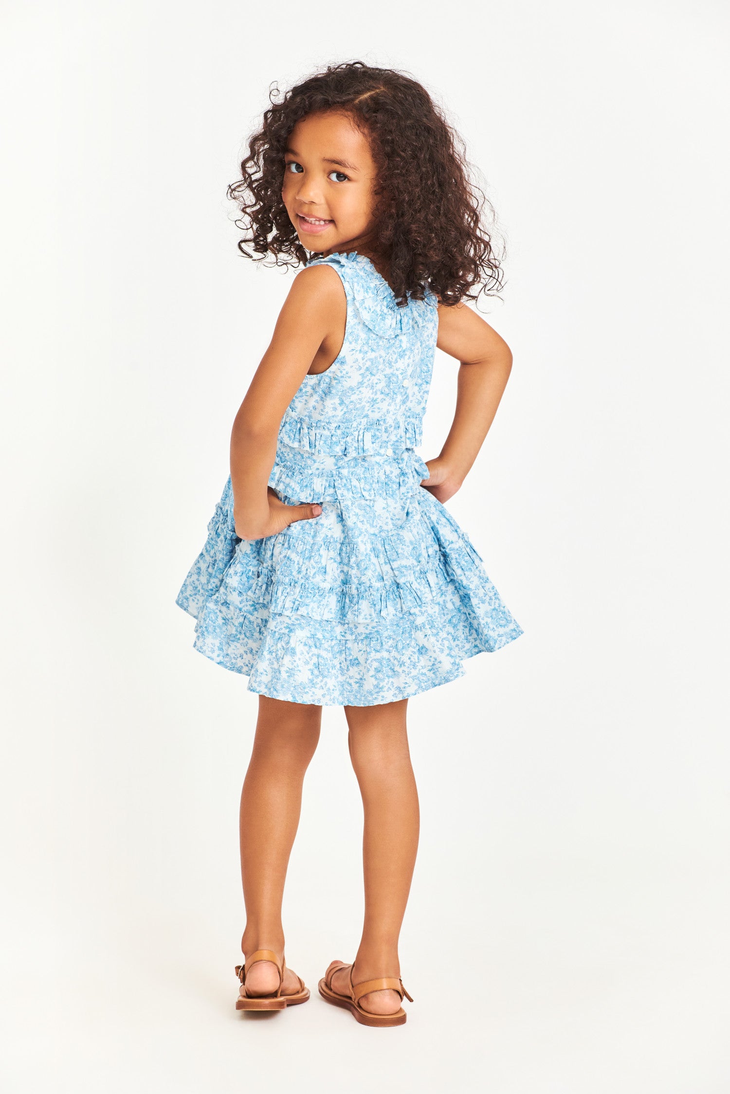 Back image of kids blue sleeveless mini dress