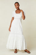 Model wearing white square neck maxi dress