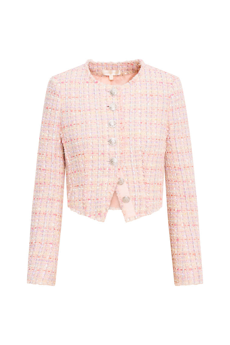 Pink and white tweed cropped jacket with shimmer details and a slim fit on the body. The sleeves fray at the edges and a custom silver LoveShackFancy logo military buttons down center front that descends to a cutout feature to finish the piece.