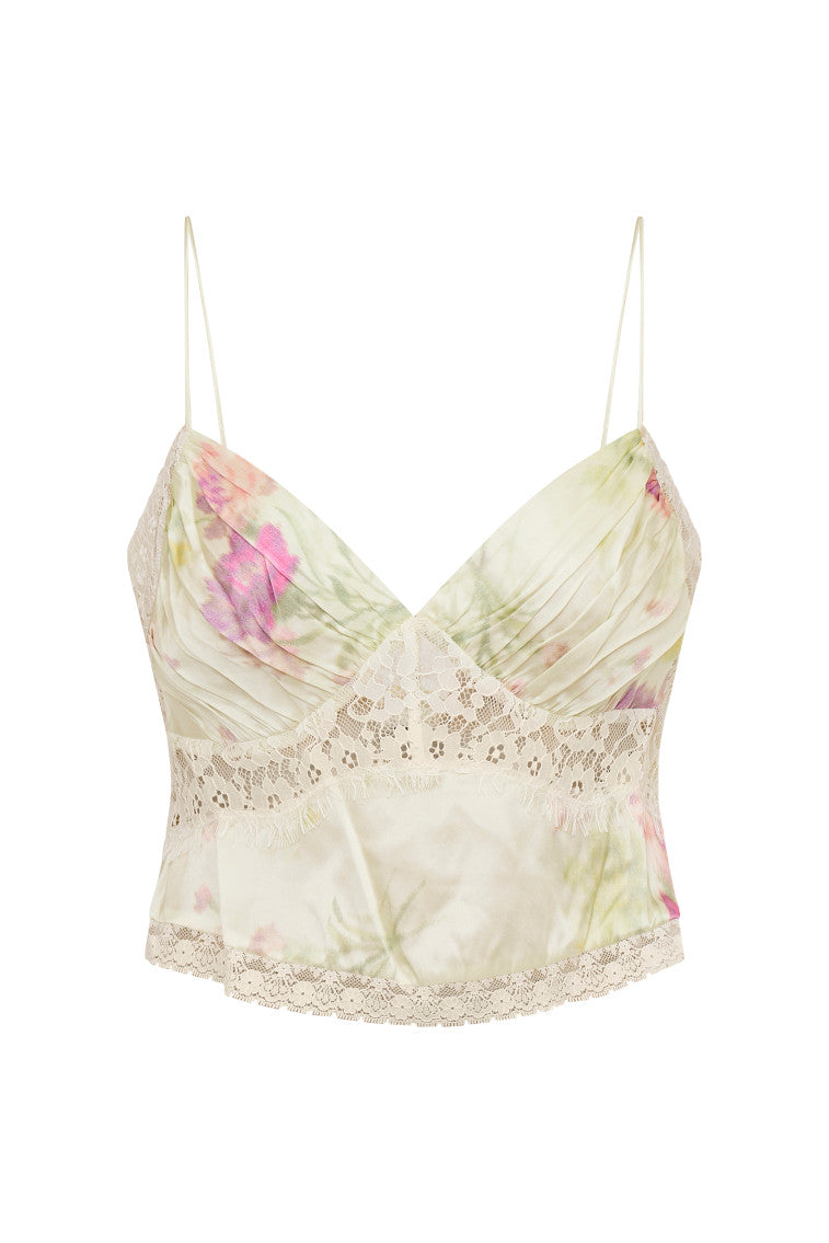 Floral print cami with front cups that have a ruched detailing featuring a lace panel at the underbust and sides. The piece is finished with custom lace at the hem and includes a hook and eye closure on the side.