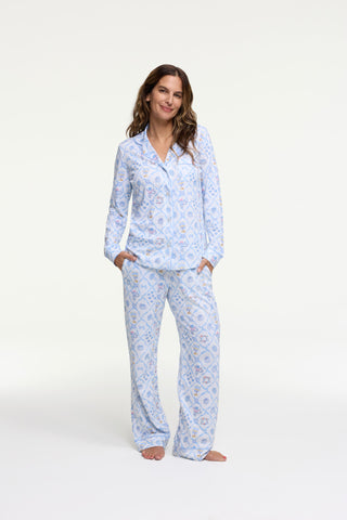 LoveShackFancy x Roller Rabbit Starry Nights Lattice Long Sleeve Polo Pajamas