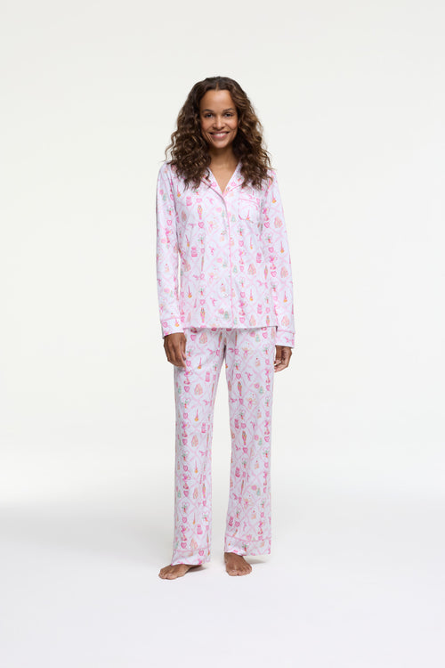 LoveShackFancy x Roller Rabbit Sugarplum Lattice Long Sleeve Polo Pajamas