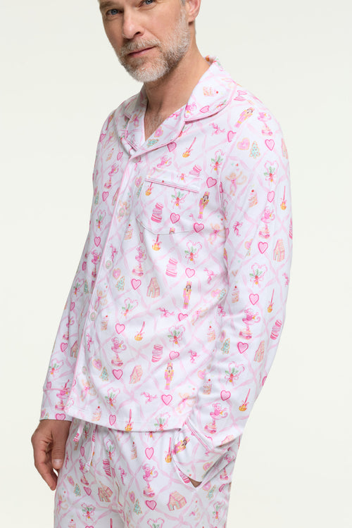 LoveShackFancy x Roller Rabbit Mens Sugarplum Lattice Long Sleeve Polo Pajamas