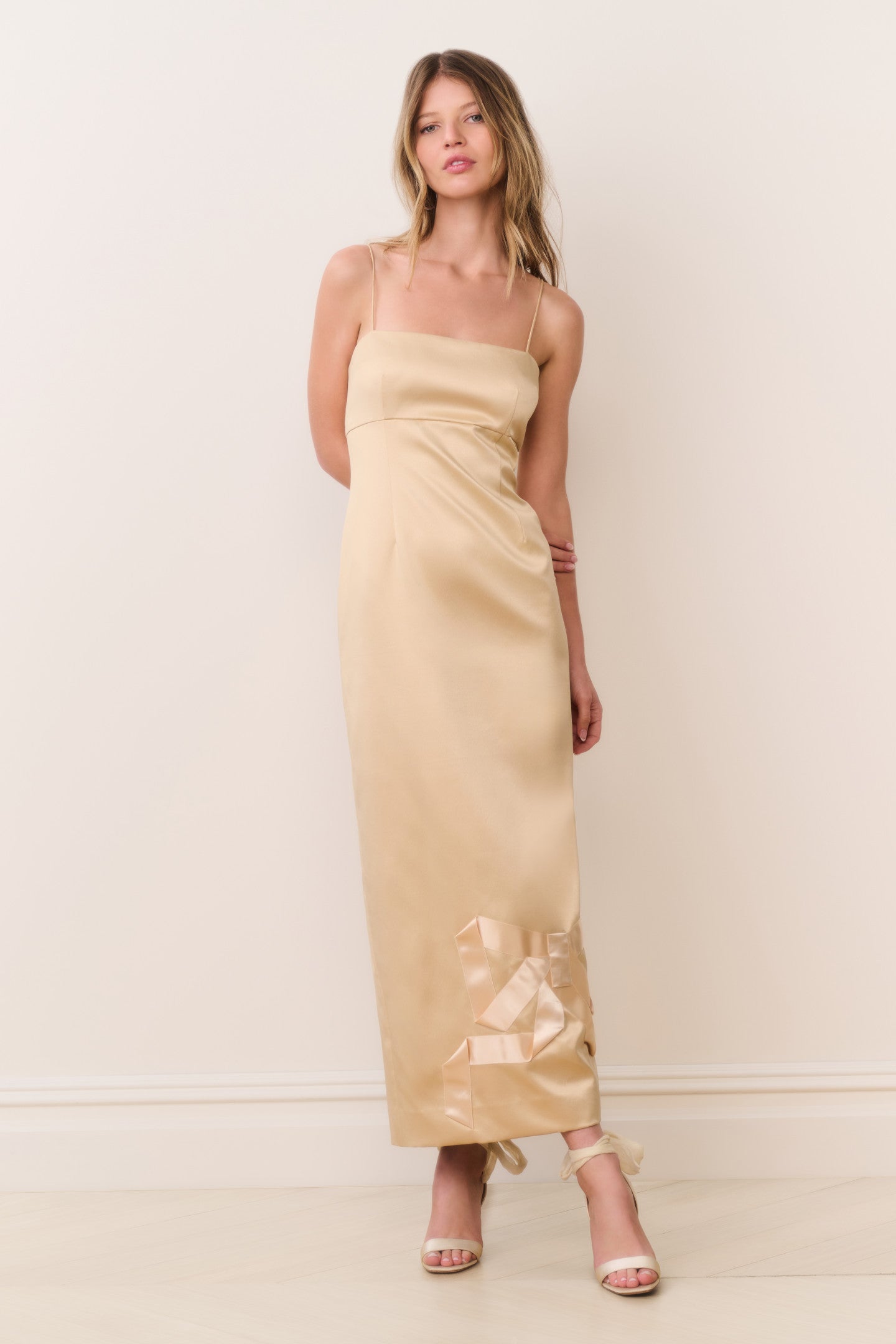 Calise Satin Bow Detail Midi Dress for Women in Gold, Size: 2, by LoveShackFancy Calise Satin Bow Detail Midi Dress for Women in Gold, Size: 2, by LoveShackFancy