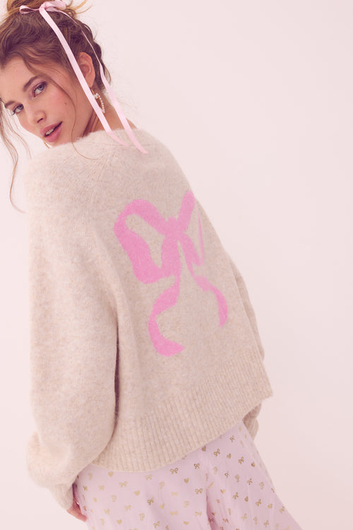 PINK x LoveShackFancy Bow Boxy Crew Cardigan Sweater