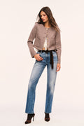 Brown and beige cropped checkered jacket full model view: gold-tone button front and patch pockets styled with jeans and heels