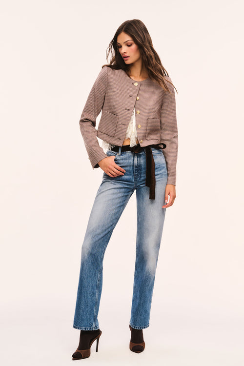 Brown and beige cropped checkered jacket full model view: gold-tone button front and patch pockets styled with jeans and heels