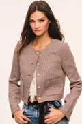 Brown and beige cropped checkered jacket front view: gold-tone button front with top button done, and patch pockets