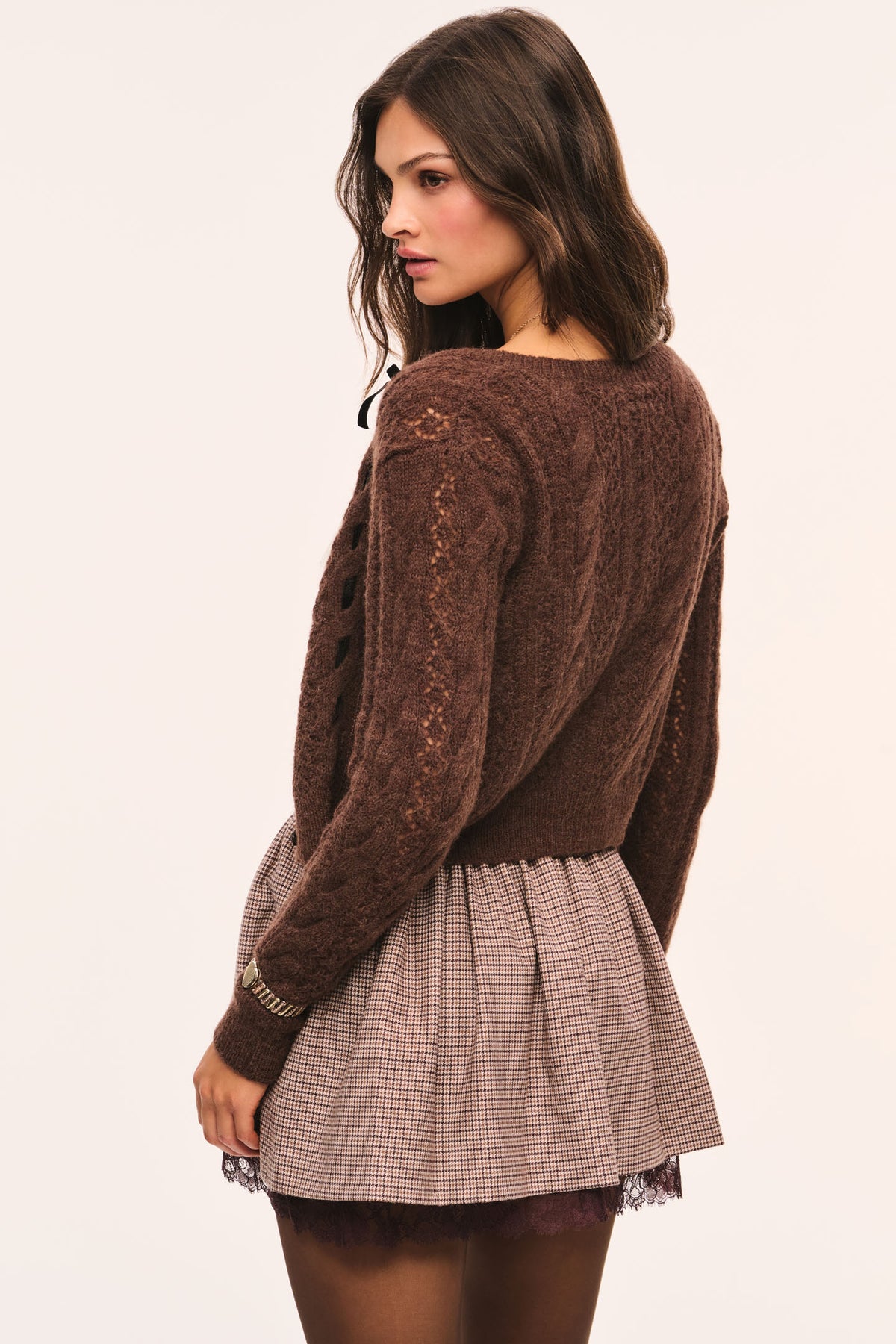 Brown cropped cable-knit cardigan, back view