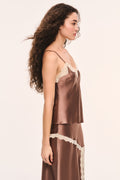 Mocha satin camisole top with cream scalloped lace V-neck and spaghetti straps, side view
