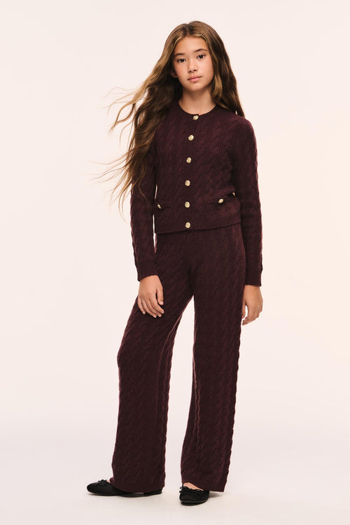 Tween shalley pants, dark maroon textured fabric, wide-leg, front view.