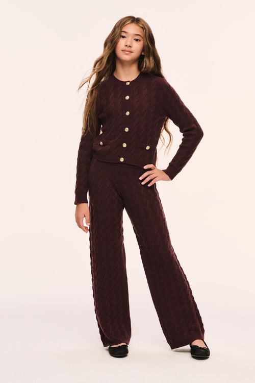Tween shalley pants, dark maroon wide-leg with relaxed fit, front pose.