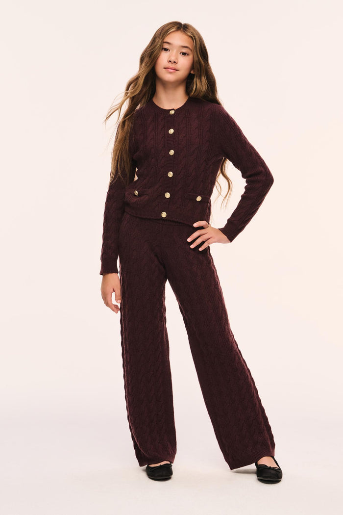 Tween shalley pants, dark maroon wide-leg with relaxed fit, front pose.