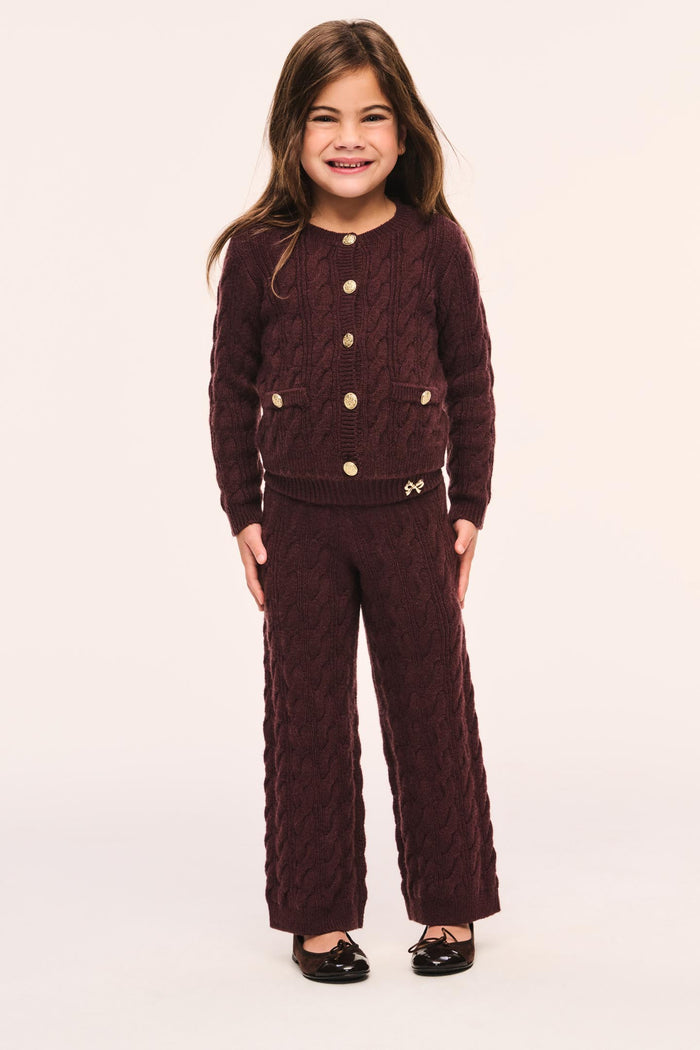 Girls maroon textured wide-leg pants, front view, elastic waist