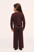 Girls maroon textured wide-leg pants, back view, relaxed fit