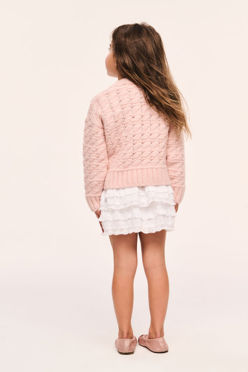 Girls' pink cable-knit cardigan, back view with ribbed hem and cuffs