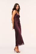 Deep plum satin cami with lace straps and lace v-neckline side view