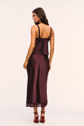 Deep plum satin cami with lace straps and lace v-neckline back view