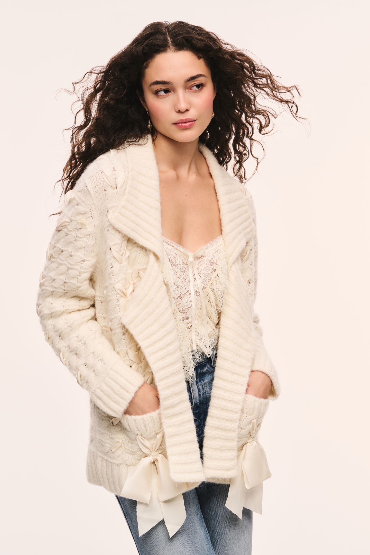 Alpaca Bow Shawl Collar Long Sleeve Cardigan | LoveShackFancy