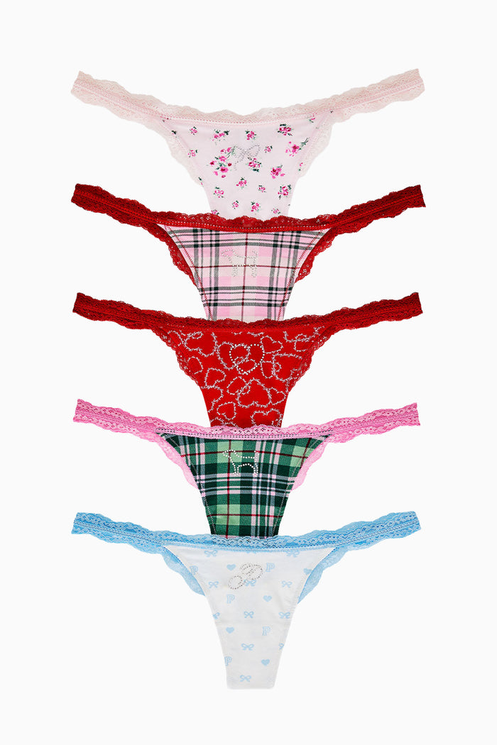 PINK x LoveShackFancy Wink Cotton Thong Panties - Pack of 5