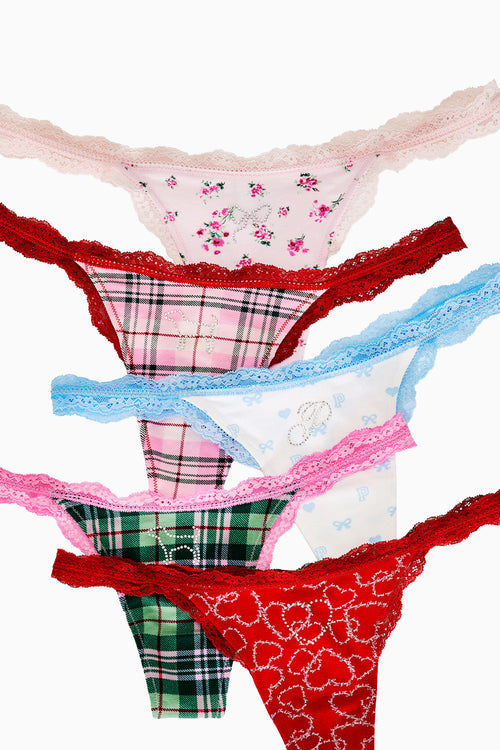 PINK x LoveShackFancy Wink Cotton Thong Panties - Pack of 5
