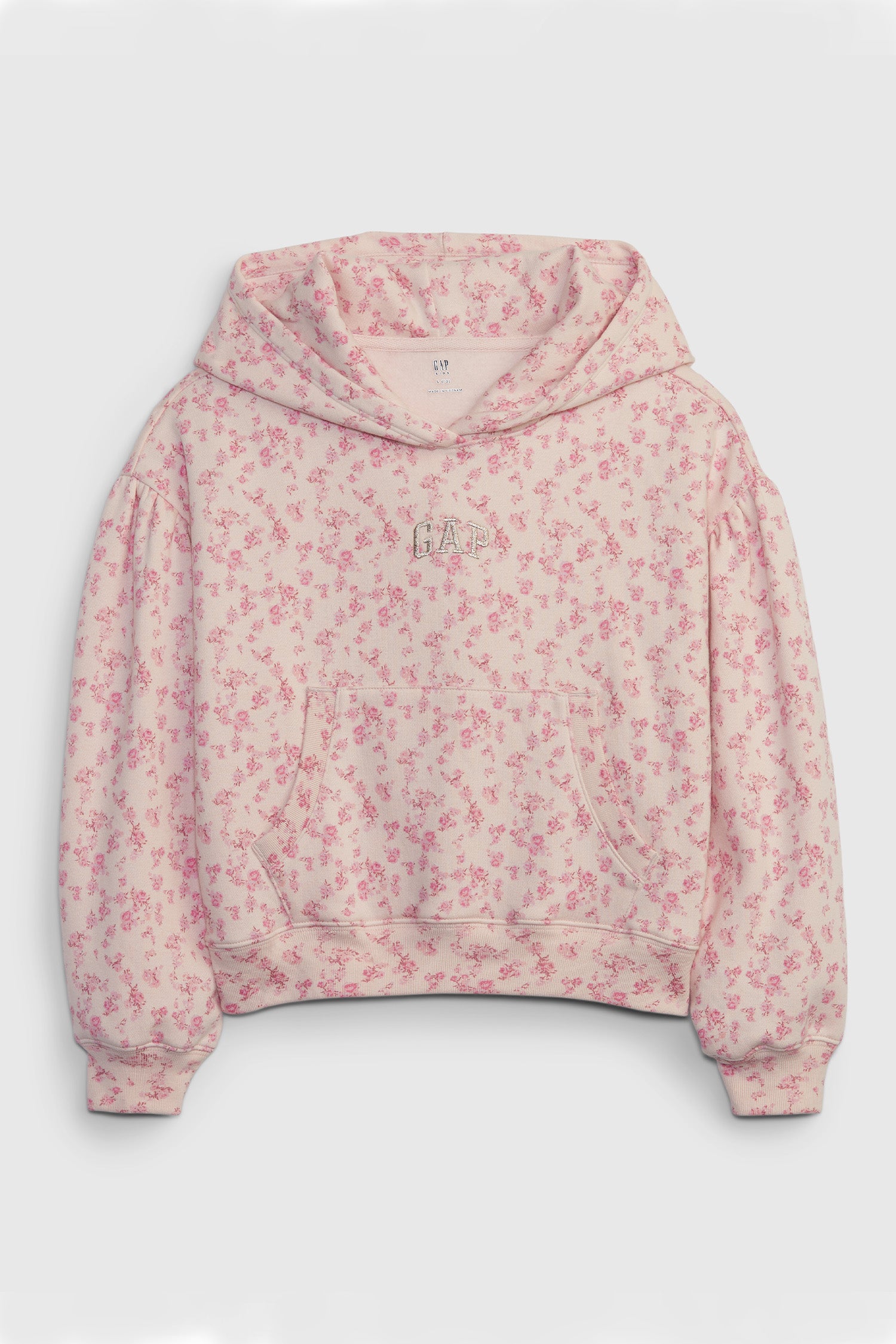 Kids pink floral crop hoodie with GAP arch logo on chest and front pocket