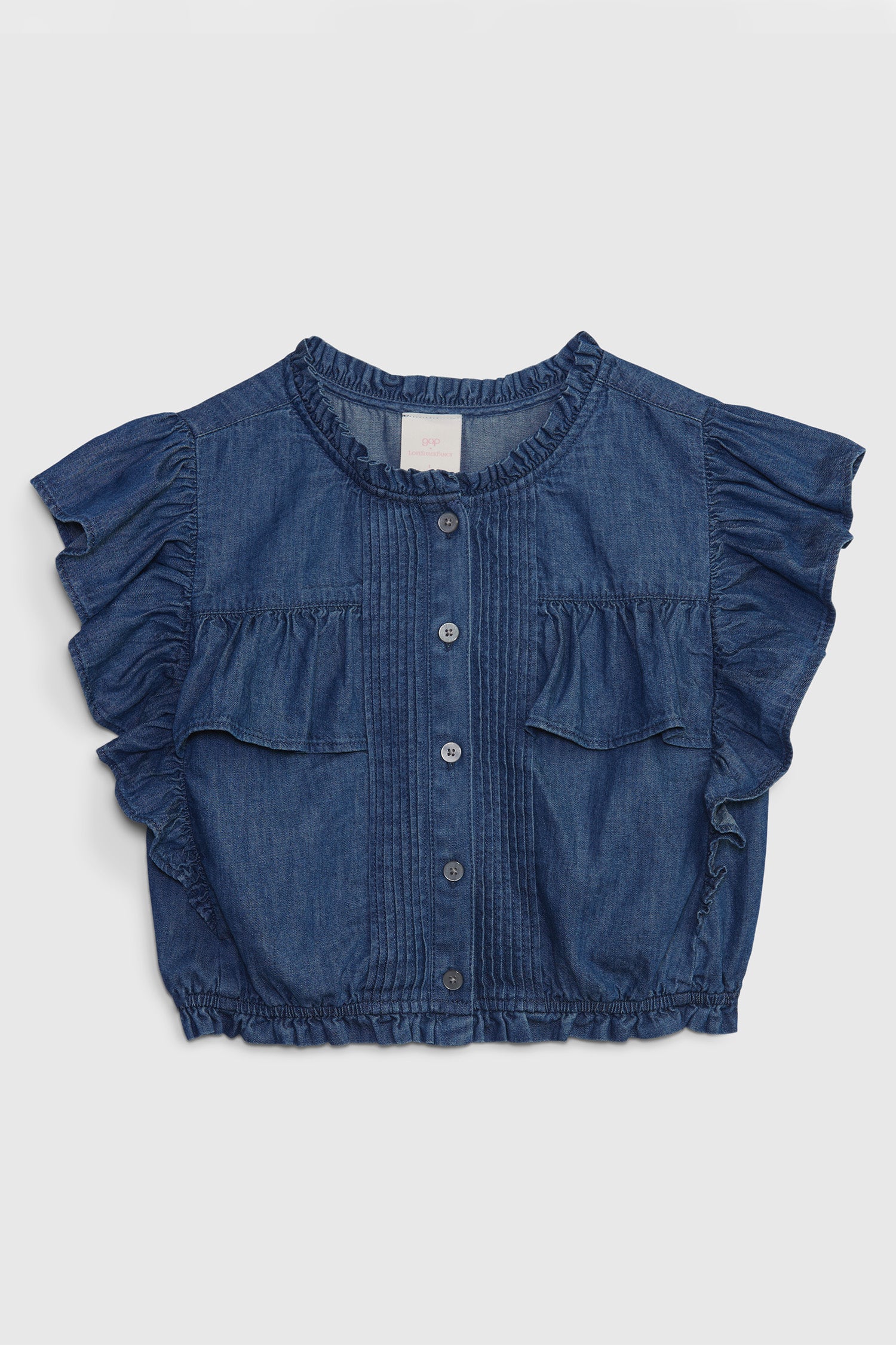 Kids denim ruffle top with buttons at front and ruffled short sleeves.