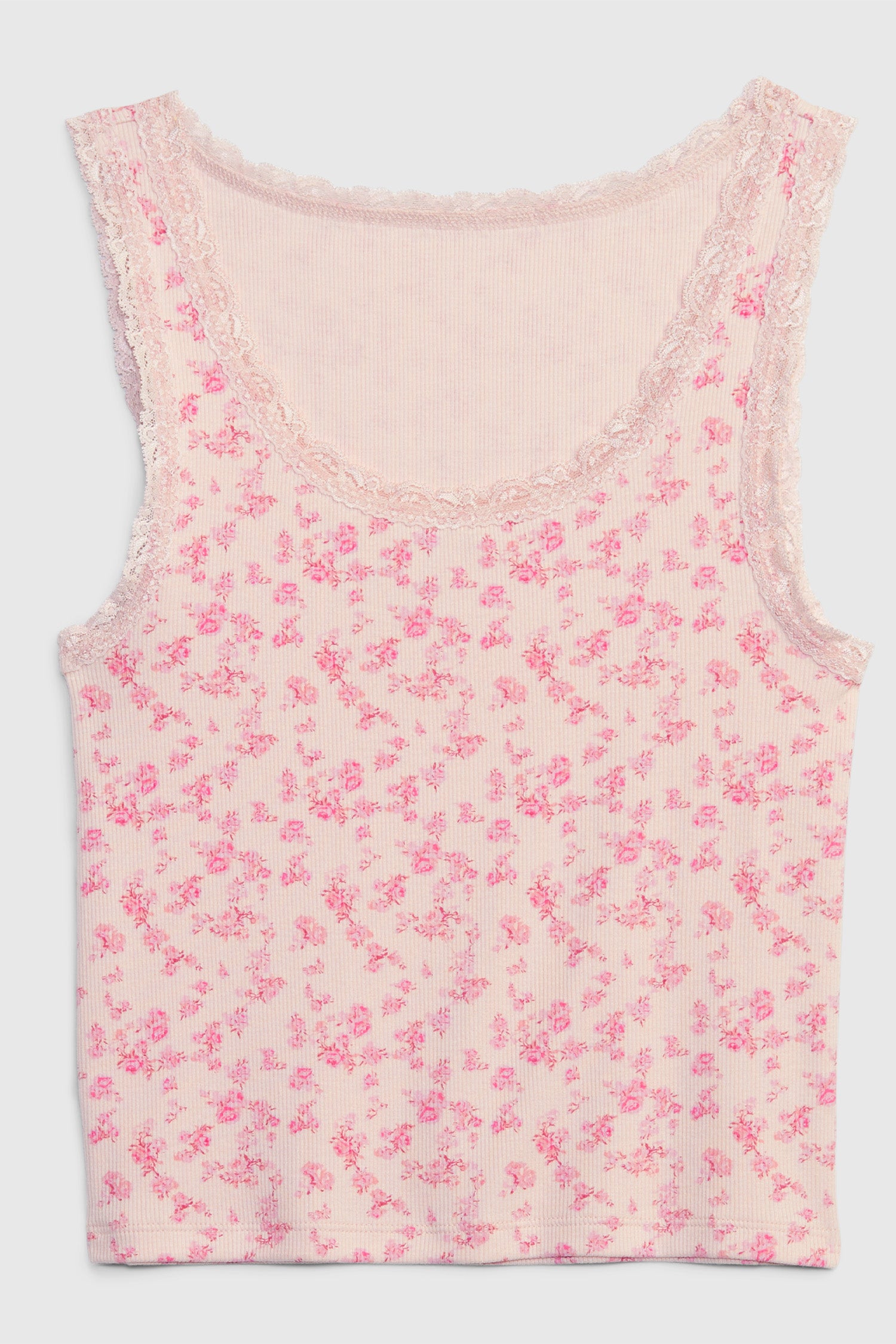 Pink floral tank top with lace detail at neckline