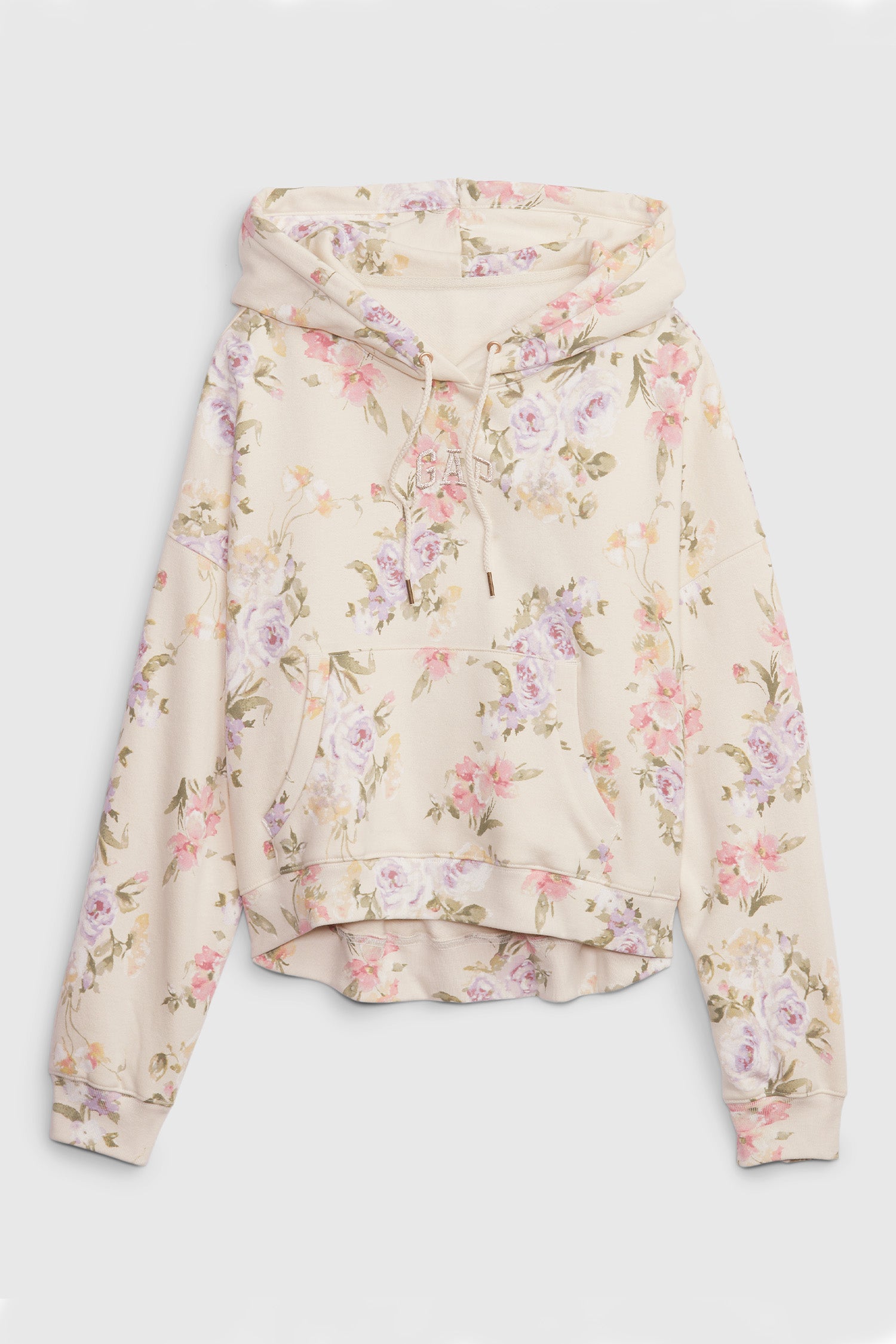 Cream floral hoodie with GAP arch logo on chest and pink, purple, and green floral print