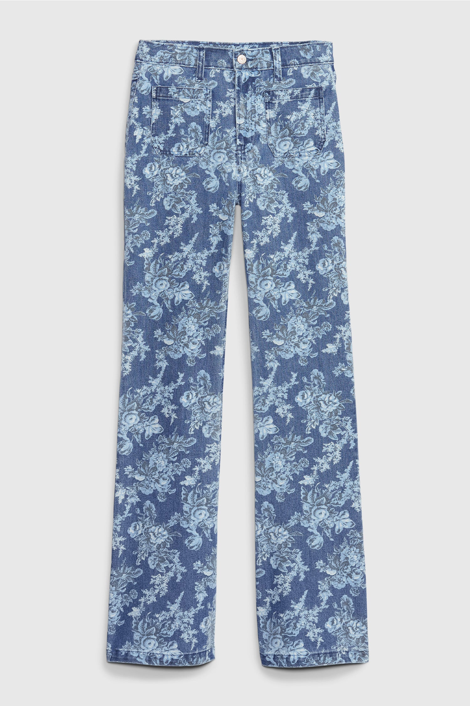 Blue floral high rise flare jeans with square pockets at the front