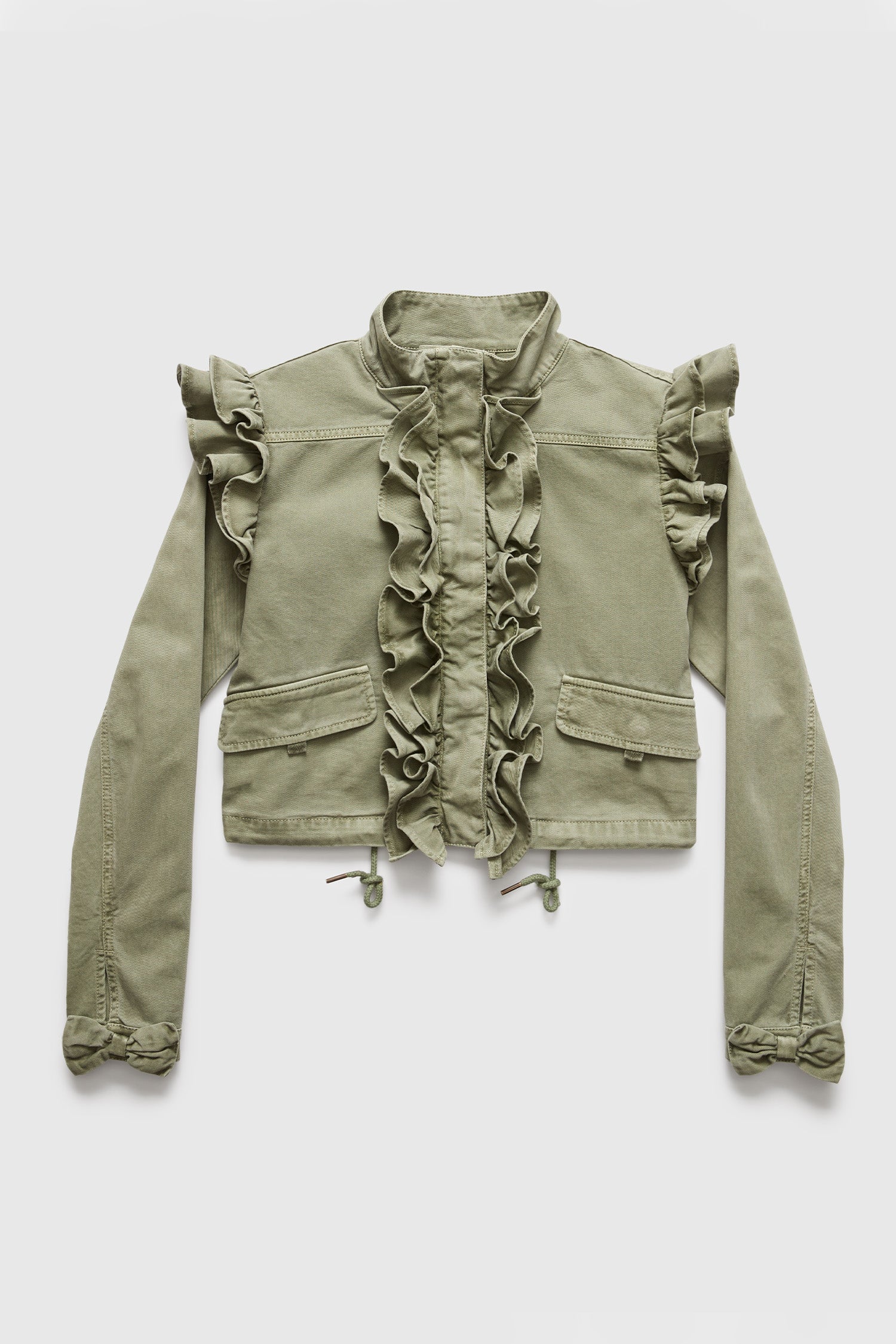 Green crop utility jacket with ruffle detail on shoulders and along zipper. Has front pockets and bows on ends of sleeves. 