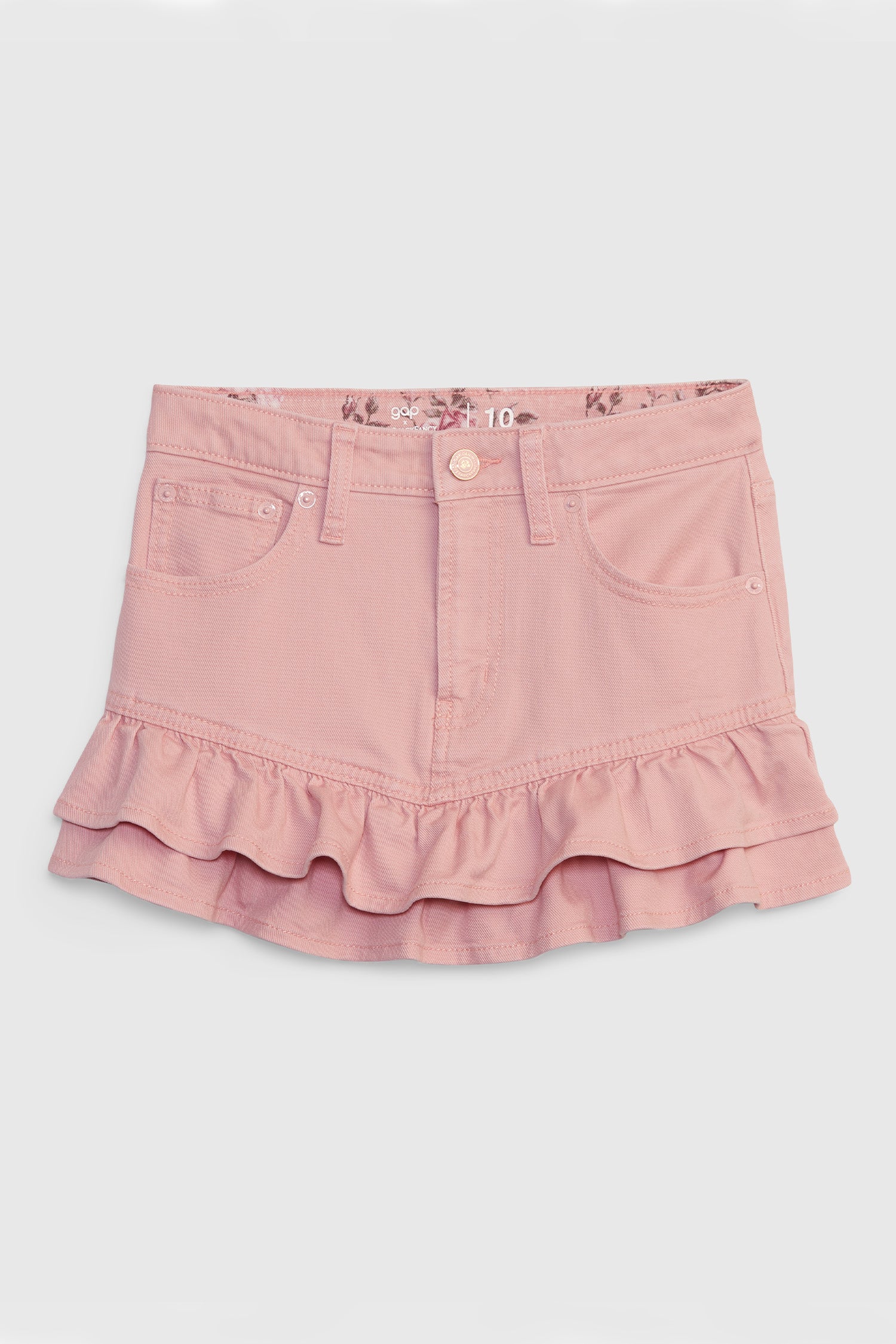 Kids pink denim mini skirt with ruffle hem