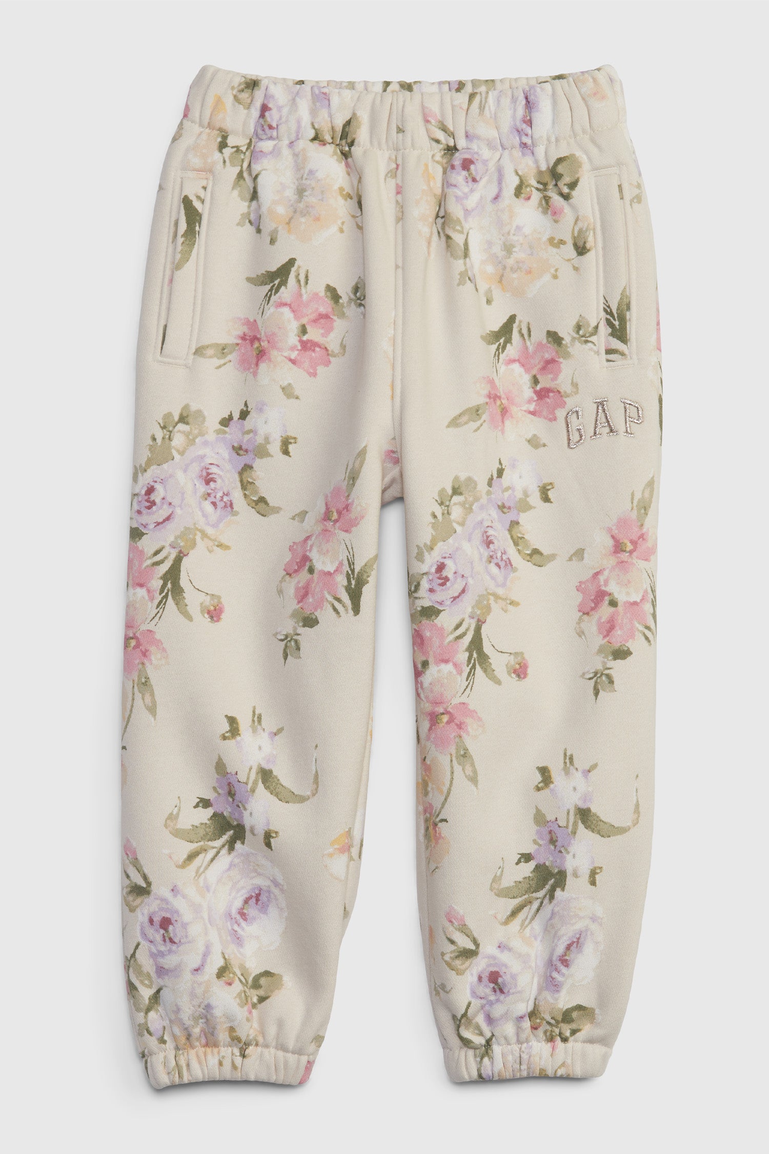 Girl's toddler cream floral joggers with GAP logo on leg and front pockets