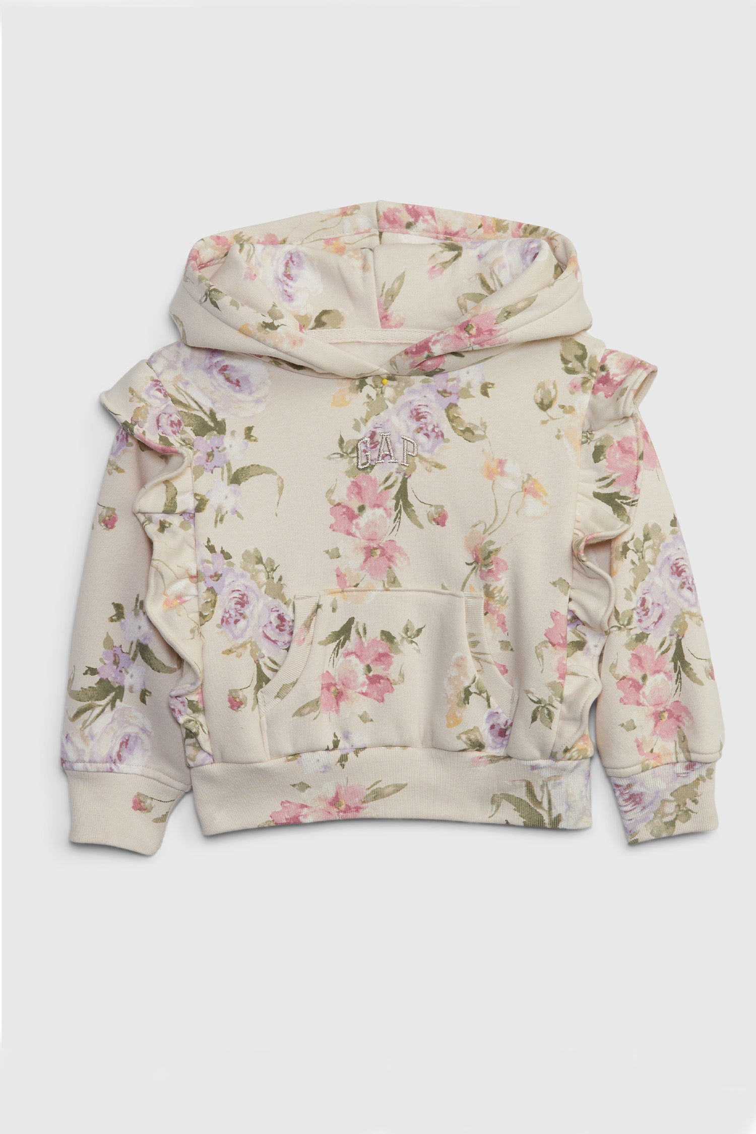 Girl's toddler floral hoodie with GAP logo on chest, ruffle shoulders, and front pocket