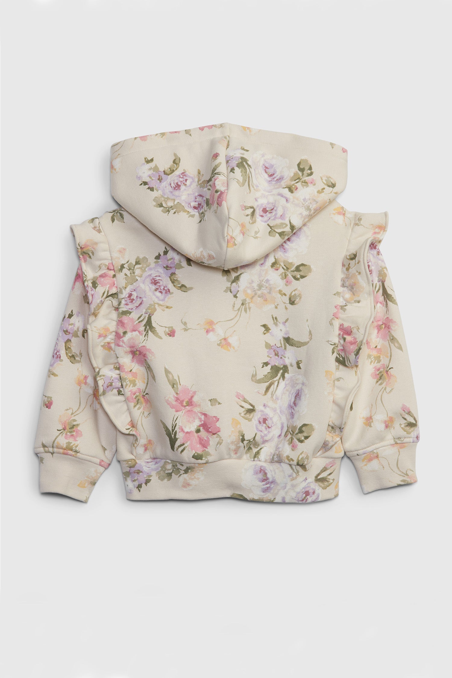 Back image of girl's cream floral hoodie with ruffle shoulders
