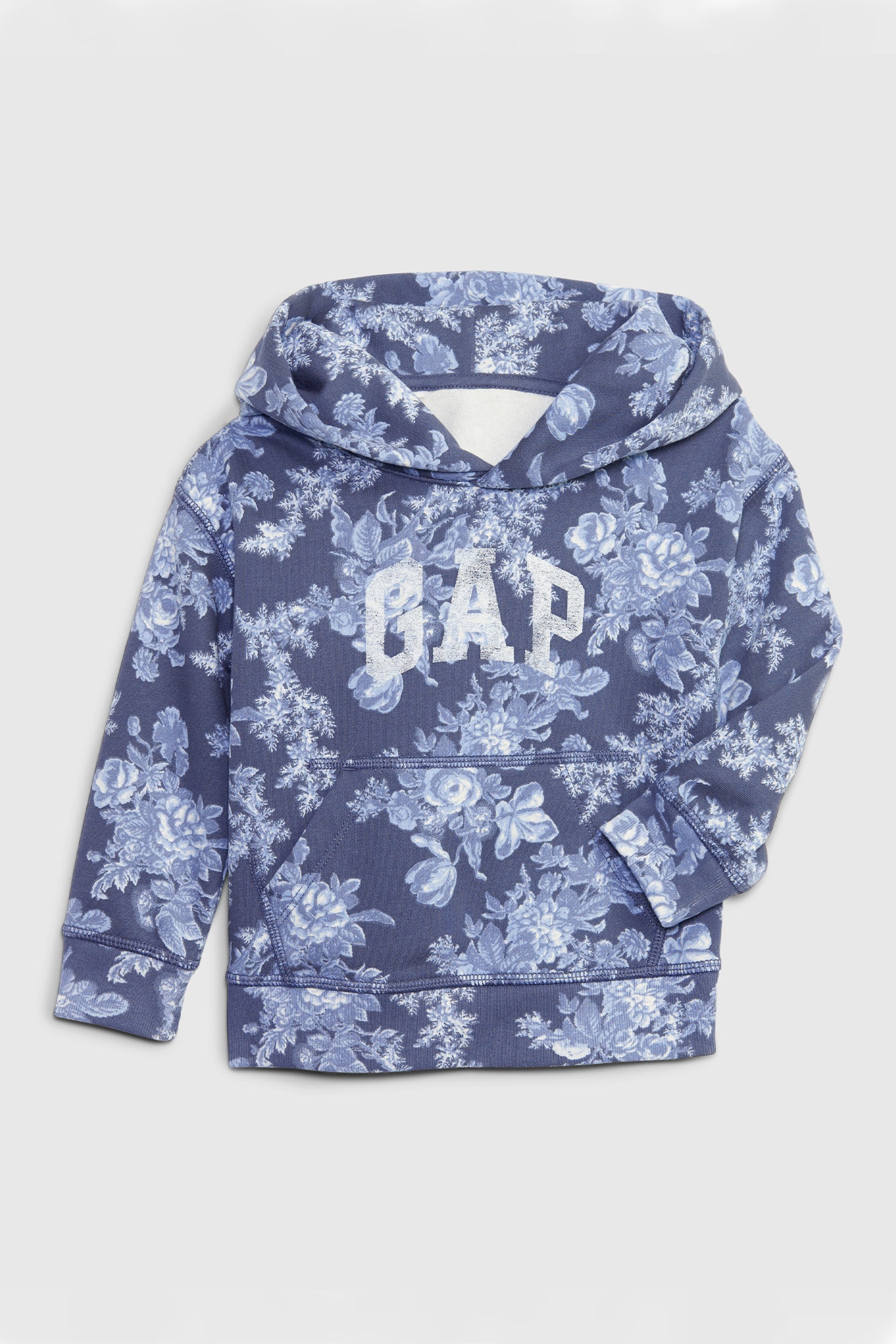 Boy's toddler blue floral hoodie with GAP logo on chest and front pocket. 